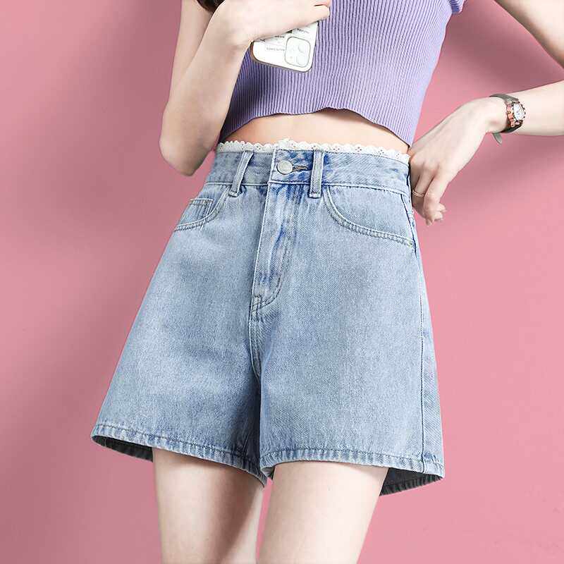 韩国高腰牛仔短裤女夏季薄款2024宽松显瘦a字阔腿蕾丝边辣妹热裤