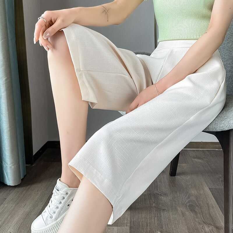 韩国七分阔腿裤女夏季薄款冰丝2024大码高腰垂感雪纺棉麻休闲裤子
