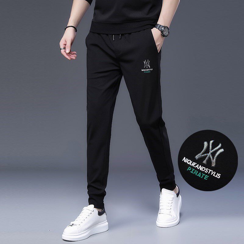 潮牌黑色束脚运动裤男夏季薄款宽松免烫刺绣休闲裤子系带男士卫裤