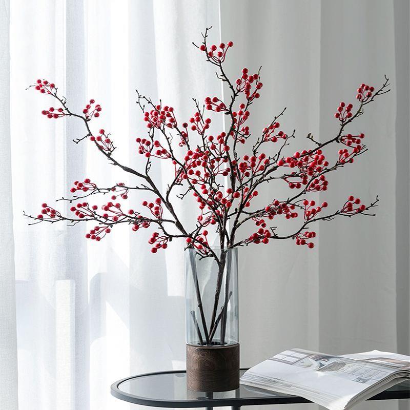 冬青红果发财果仿真花摆件假花干花束客厅餐桌面红色招财浆果喜庆