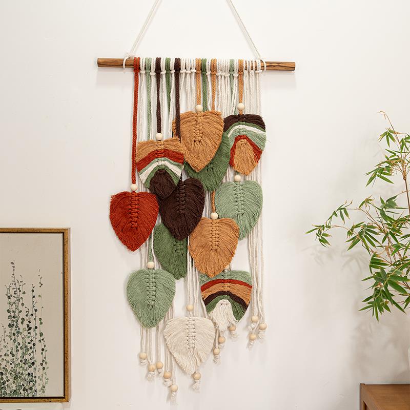 彩色树叶编织挂毯手工叶子流苏挂件北欧风民宿家居房间壁挂背景墙