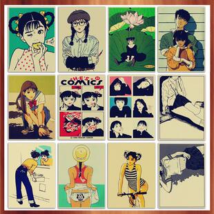 个性日式少女漫画江口寿史插画复古牛皮纸怀旧装饰画宿舍墙画壁画