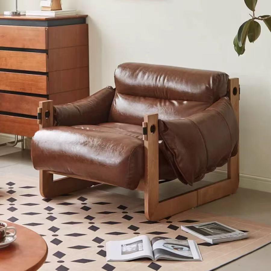 北欧单人沙发椅实木中古风休闲家用客厅懒人躺椅复古轻奢泽西岛椅