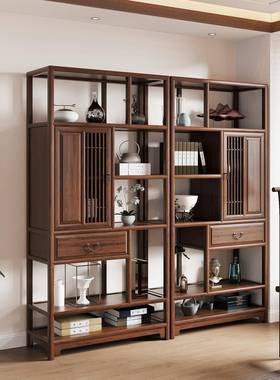 博古实木中客厅展示架茶室置架物中架式办公室PIU书柜新式书架多