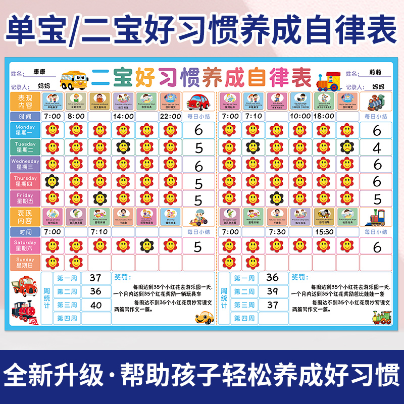 二宝家庭自律表儿童开学养成好习惯奖罚表孩子成长学习记录表墙贴