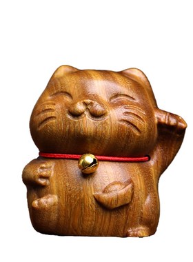 天然绿檀玉檀木可爱招财猫木雕手把件铃铛猫摆件桌面文玩小摆件