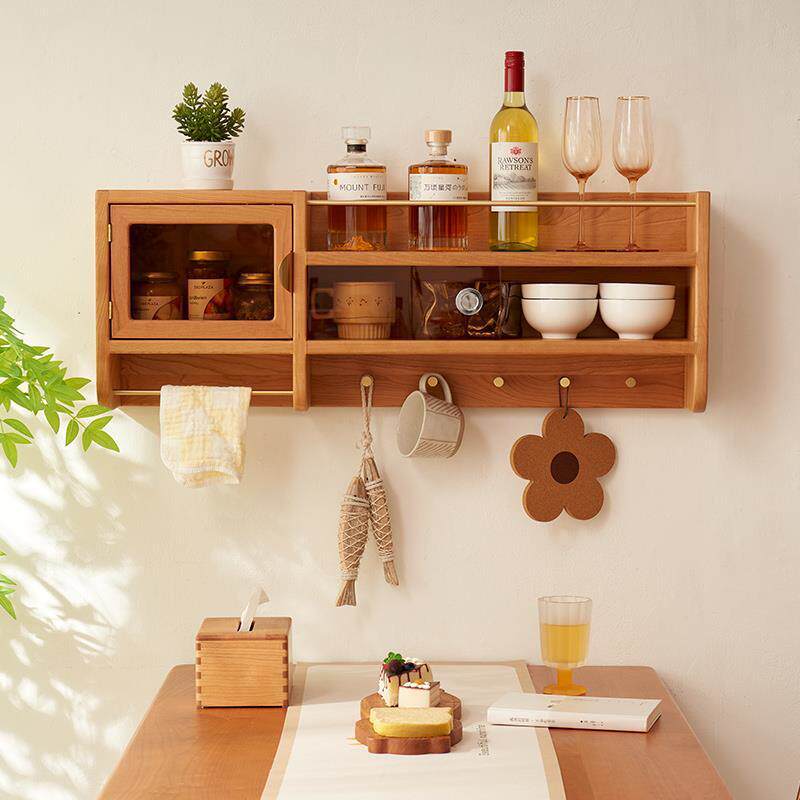 2026餐边柜墙上置物架实木吊柜壁挂咖啡杯子收纳柜厨房挂墙调料柜