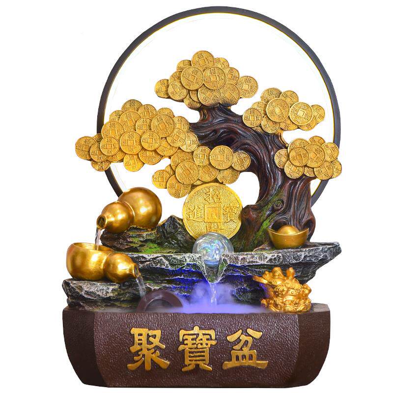 家流居招聚宝盆礼开业物水摆件循环水公司店铺桌面风水财轮装..饰