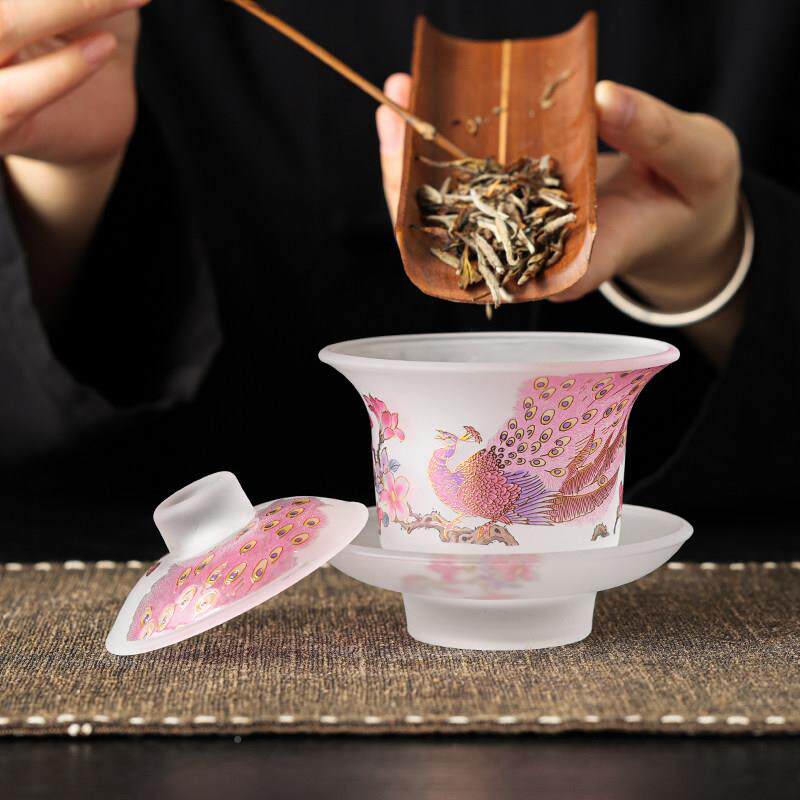 白玉琉璃孔雀盖三才盖茶杯防耐高250820-0碗温烫高档泡茶器茶碗带