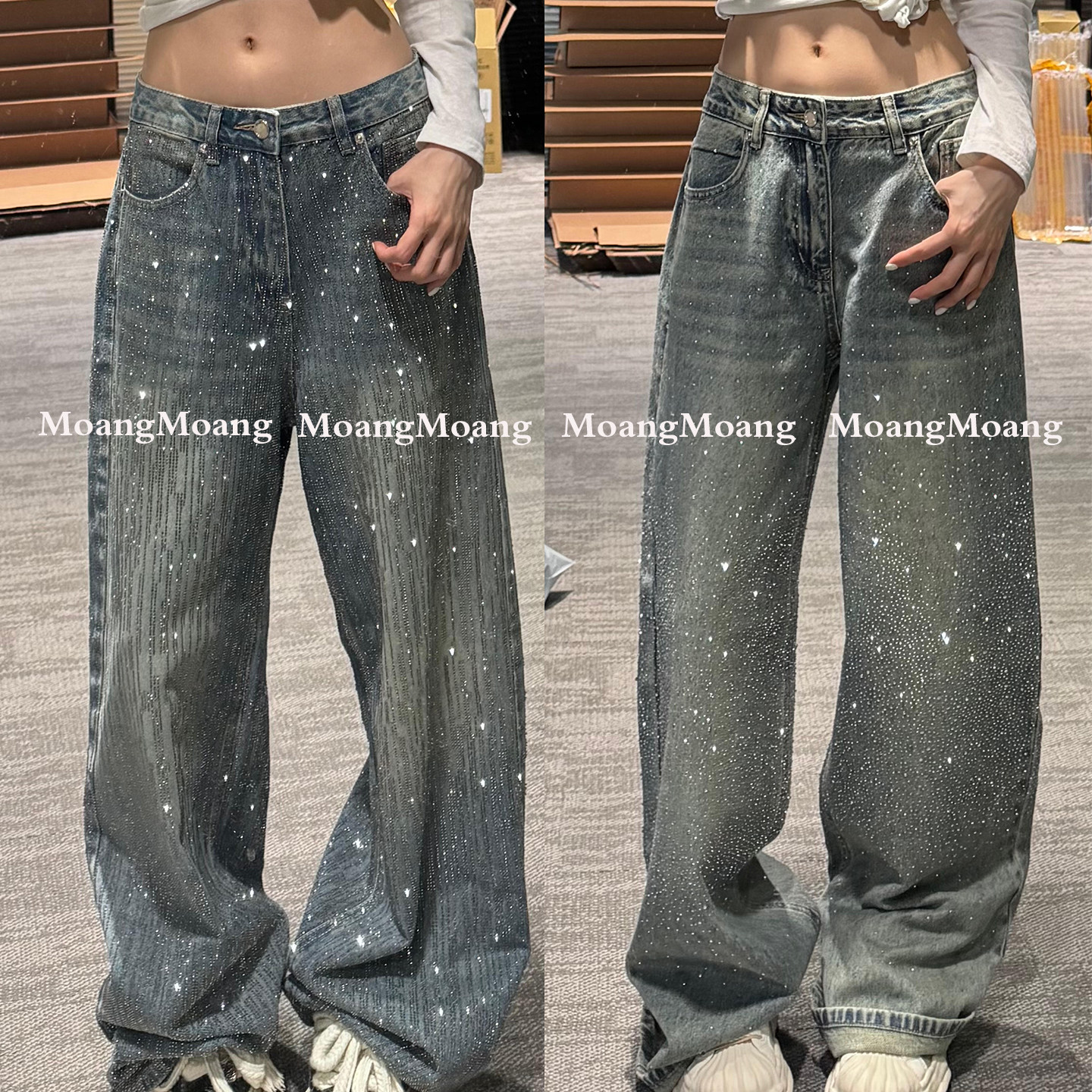 巴黎爆闪亮满钻半钻阔腿牛仔裤女