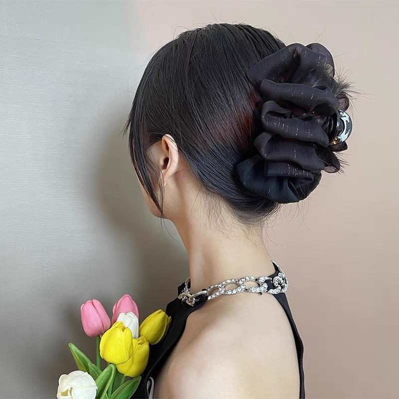 非金属发饰 黑色小号珠光银丝蝴蝶结泡泡发夹女后脑勺优雅鲨鱼夹