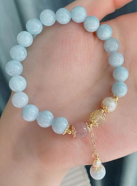 TMOWO海蓝宝水晶手錬女高级感ins小众设计草莓晶珍珠手串饰品天然