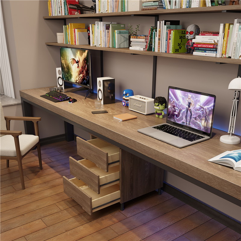 全实木双人书桌书架一体家用书房办公写字台卧室学习电脑桌工作台
