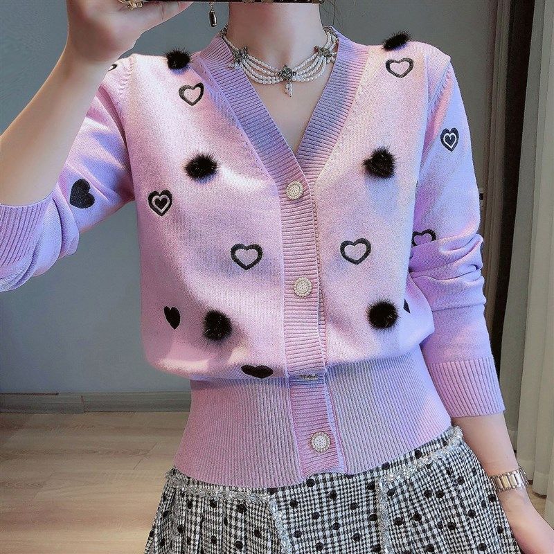 autumn and winter 2022 new v-neck love jacquard cute fur bal