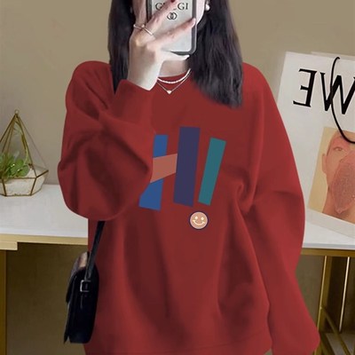 中长款藏蓝色卫衣女遮屁股春秋新款字母印花鲨鱼裤搭配的上衣宽松