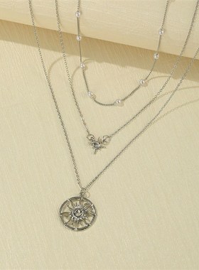 Sun Pendant clavicle chain retro pearl multi-layer Necklace