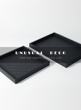 现代简约灰色皮革矩形托盘收纳盘样板间客厅卧室餐厅方形轻奢摆件