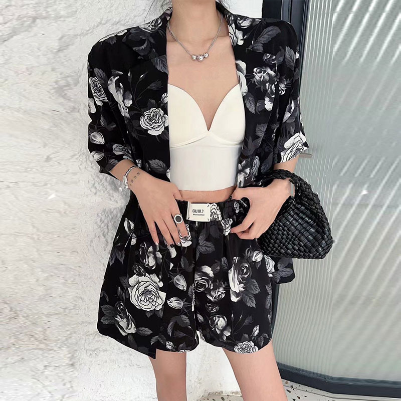 RIERA夏季薄款潮流印花短袖西服外套短裤套装胖妹妹洋气百搭休闲