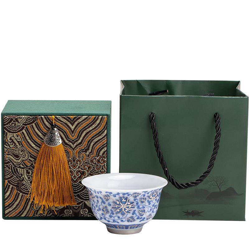 冰种青花缠枝莲茶杯高足品茗杯主人杯家用功夫茶具国潮鎏银单茶盏,餐饮具,茶杯,淘宝优惠券,粉丝福利购,淘宝优惠卷