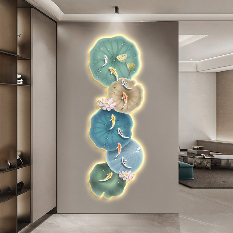 速发新中式九鱼图玄关装饰画荷花寓档走廊过道画挂灯高意好壁灯画