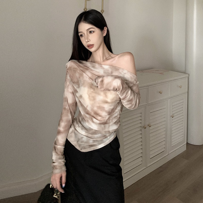 速发小众设计感0字领褶皱薄晒扎染防款衫2一2夏韩版纯欲风T恤t