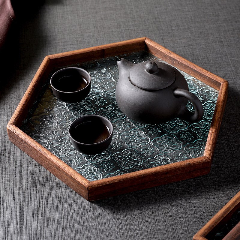速发轻奢实木玻璃托盘复古海棠吃盘果盘小茶干餐盘子中式果厅饭店