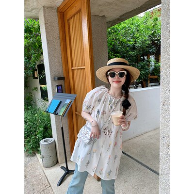 速发EVS刺YLE 离岛T中长款灯笼袖圆领棉布花朵少绣裙