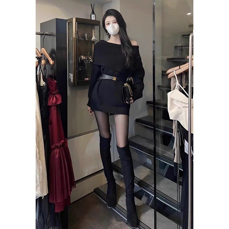 速发高级感秋姐轻熟赫本风黑色针织御衣裙连冬毛衣裙露肩辣妹包臀