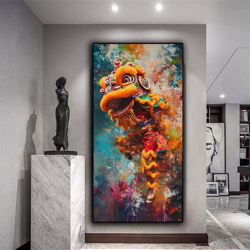 速发新中式客厅装饰画背景墙挂画饭厅床头壁画玄关走廊壁画舞狮装