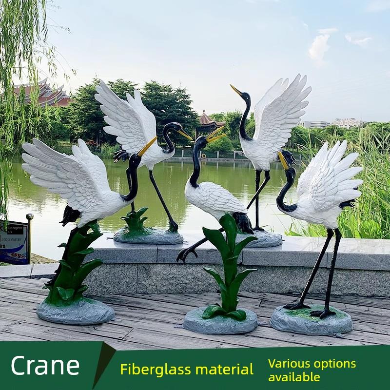 别墅庭院假山水池园林造景模拟红顶鹤摆件玻璃钢动物雕塑小品