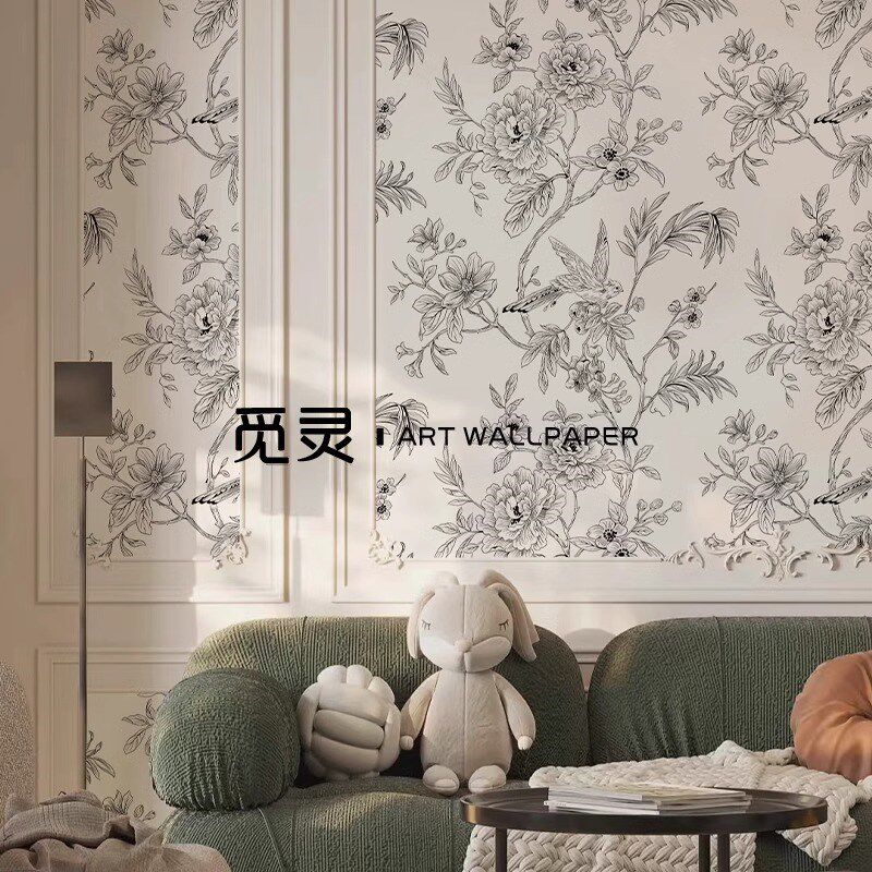 法式花鸟壁纸电视沙发背景墙墙纸卧室客厅玄关无纺布无缝定制壁画