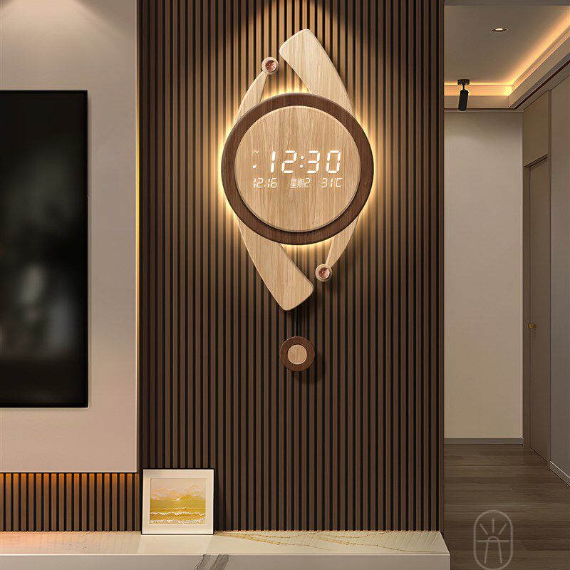 中古风客厅装饰挂钟高级感万年历电子钟表电视背景墙格栅发光时钟