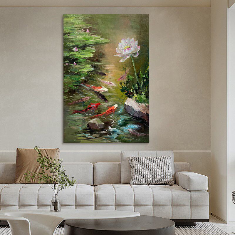 荷花九鱼图手绘油画绿色荷塘鲤鱼锦鲤装饰画客厅挂画玄关肌理画
