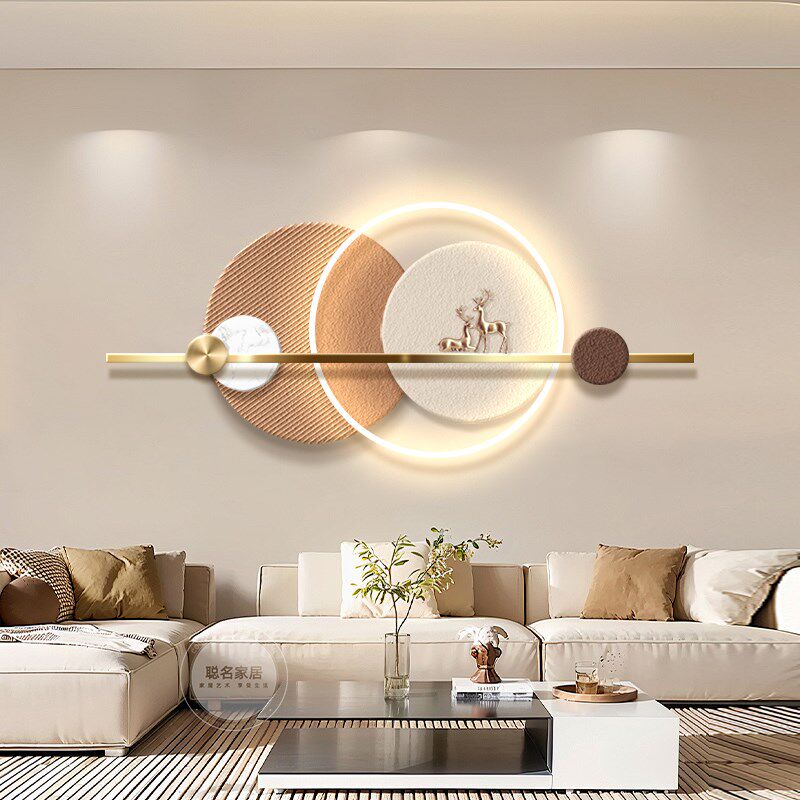 轻奢立体感客厅装饰画高级感福鹿沙发背景墙挂画意式极简发光灯画