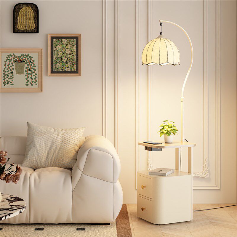 落地灯床头柜一体中古风卧室高级感客厅沙发旁边置物氛围边几台灯