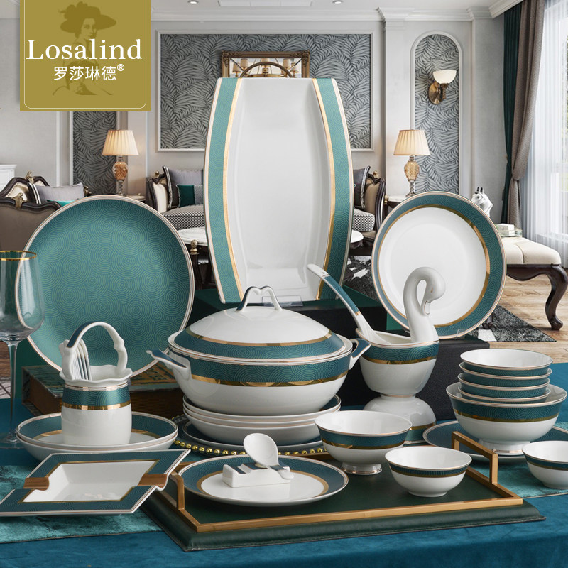 轻奢碗碟套装10人家用欧式60头骨瓷餐具套装碗盘组合结婚乔迁送礼