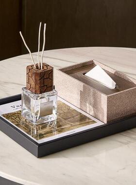 意式极简高级感摆件浅谈桌木质皮革长方形托盘香薰纸巾盒组合套装