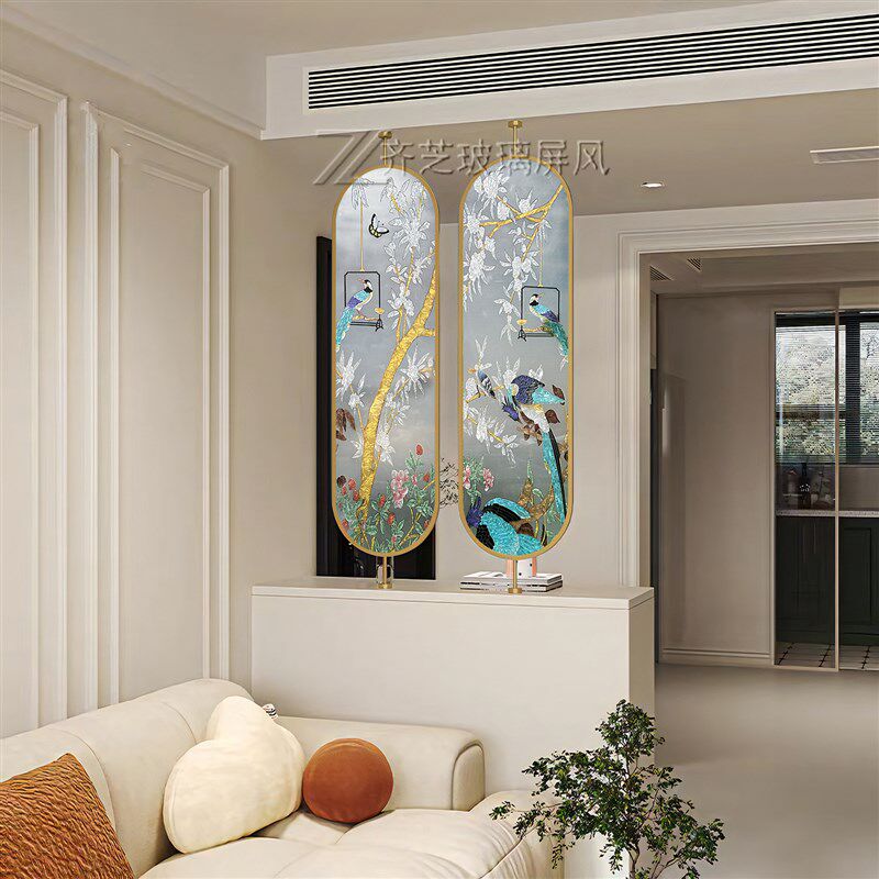 手工珐琅彩珐琅彩纯手绘艺术玻璃客厅隔断遮挡旋转屏风宋代美学