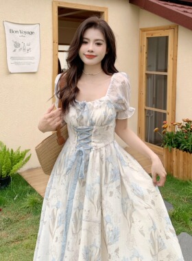 速发大码法连印花穿衣裙夏季a字裙收腰温柔风式搭裙子