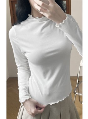 速发白色长4t恤202袖新款肚秋高领打底衫木耳边内搭上衣大码遮早