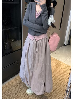 速发大码温柔风套装苞款假两半撞色针织上衣高腰花新件身裙子