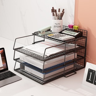 速发桌面文件架金属文件框办公桌文物架多层可叠放置件收夹纳盒书