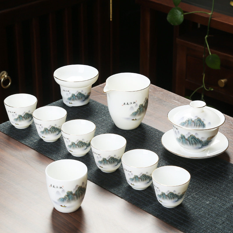 中式羊脂玉描金功夫泡茶壶茶杯盖碗家用办公室会客厅白瓷茶具套装
