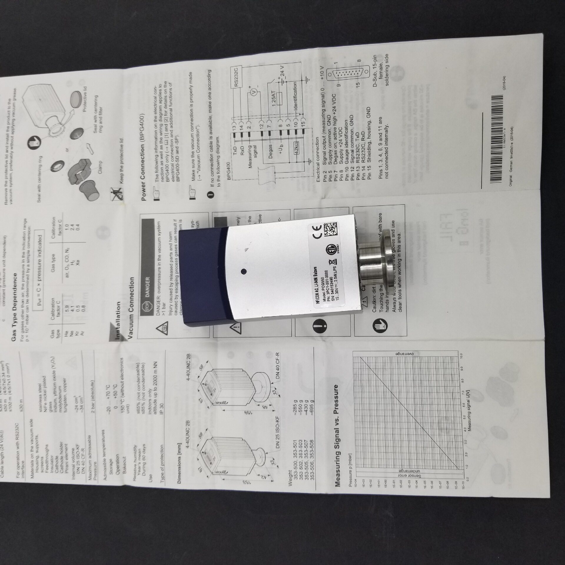 原装 英福康 9针KF16皮拉尼 真空计/PCG550/3PC1-001-0000