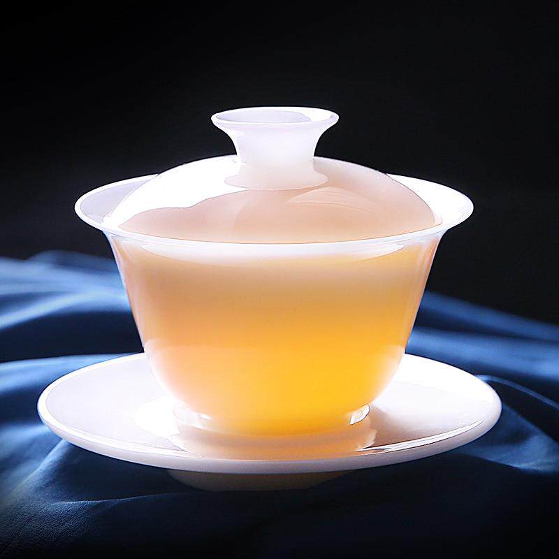 臻选盖碗冰种玉瓷单个高档三才茶碗套装羊脂玉泡茶器家用白瓷茶具