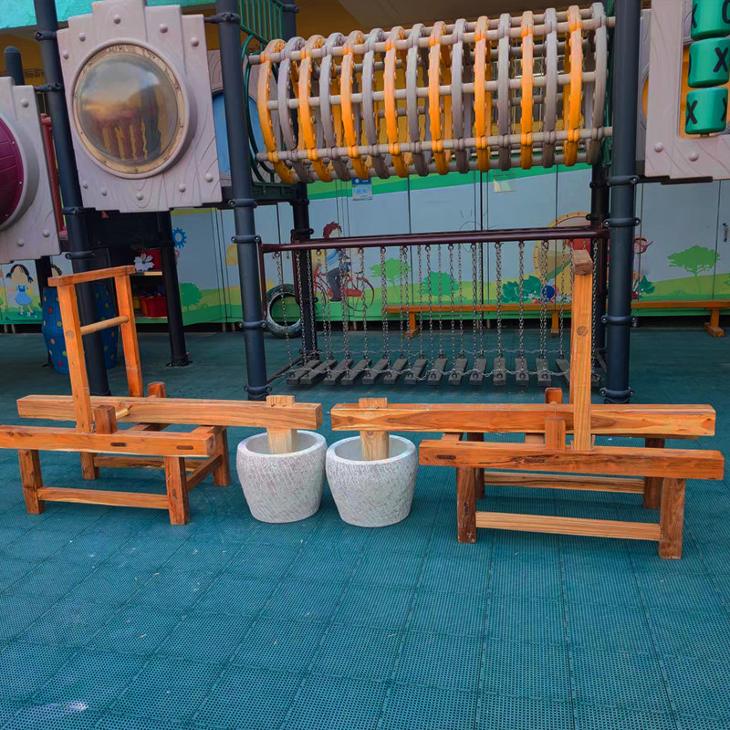 脚踩木架脚踏碓擂钵幼儿园体验打麻糍粑工具捣蒜石臼艾绒老式石器