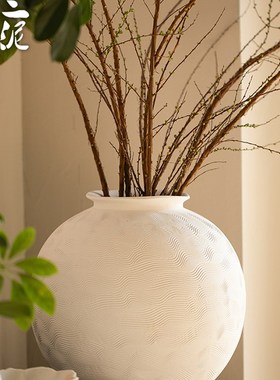 手工拉丝侘d寂风粗陶花瓶白色月亮罐插干花摆件客厅可水养鲜花花