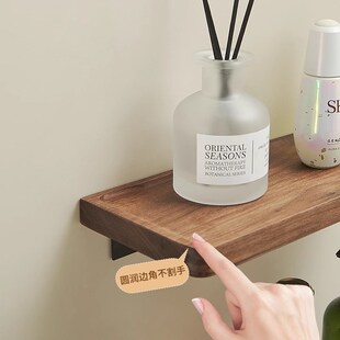 卫生间胡桃木浴室置物架实木一字板免打孔厕所墙上收纳洗手间隔板