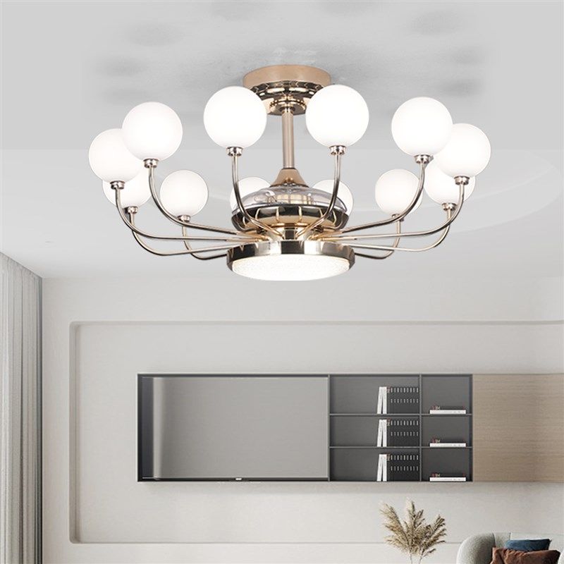 新款简约风扇灯三色变光全铜隐形风扇电机智能语音餐厅吊扇灯创意