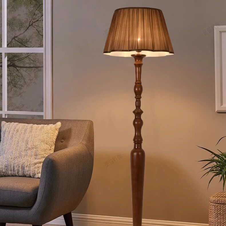 复古风中古落地灯客厅美式卧室书房原木风高级感胡桃色实木落地灯